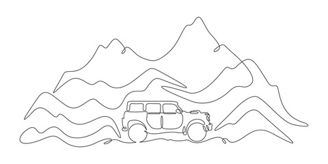 Continuous one line drawing SUV in nature. High mountains. Car trip.One continuous line isolated minimal illustration. © derplan13