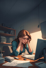 illustrazione di donna stressata al computer 