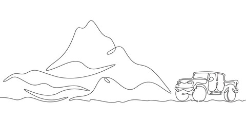 Fototapeta premium Continuous one line drawing SUV in nature. High mountains. Car trip.One continuous line isolated minimal illustration.