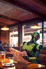illustrazione di robot che legge giornale e guarda qualcuno.