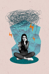 Vertical photo collage of scared girl hold phone social media cyberbullying lightning doodle cloud...