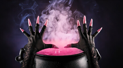 Witch’s hands hovering over a bubbling cauldron with pink liquid, casting a magical spell with eerie smoke in a dark, mystical atmosphere, Halloween party or gothic fantasy themes