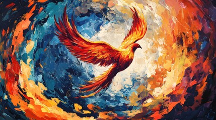 A dynamic and colorful representation of a phoenix soaring upwards, surrounded by a swirling sea of vivid colors, embodying themes of renewal and the strength of artistic creativity 