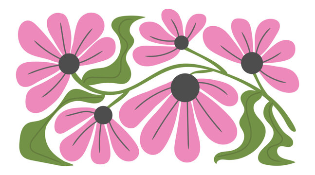 Set of groovy abstract botanical floral background in trendy naive retro hippie 60s 70s style. Horizontal poster with abstract wavy flower