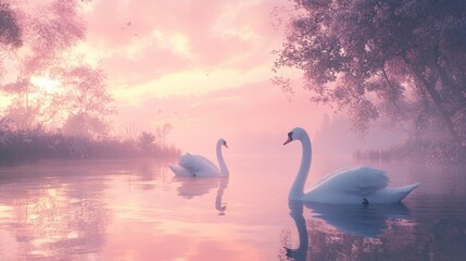 Fototapeta premium A pair of swans gliding together on a serene river during a soft, pink sunset.