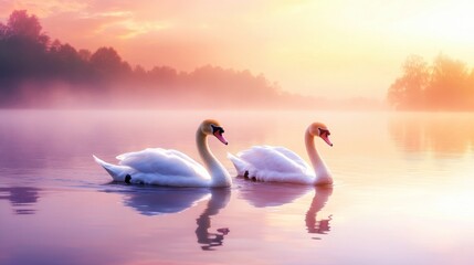 Fototapeta premium A pair of swans gliding together on a serene river during a soft, pink sunset.