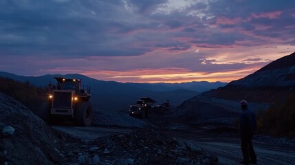 Mining Trucks and a Worker at Twilight in a Mountainous Quarry