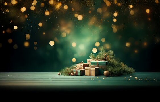 Wrapped gifts with gold ribbon and ornaments sit on a rustic green wood surface with a blurry background of gold bokeh lights and green foliage.