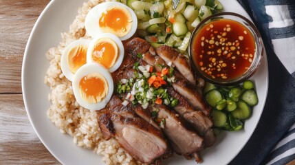 A plate of pork leg rice topped with soft-boiled eggs, pickled vegetables, and a tangy dipping sauce, ready for a delicious meal.