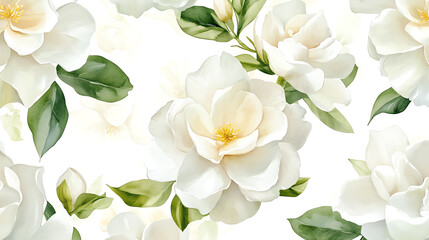 Watercolor gardenias in soft white tones, minimal green leaves, floating on a light background, seamless design