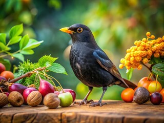 Vibrant food photography featuring a Eurasian Blackbird in its natural habitat captures the exquisite connection between nature and culinary artistry in breathtaking clarity.
