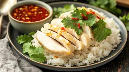 A plate of steamed rice with juicy chicken slices, garnished with fresh cilantro and served with a side of spicy dipping sauce.