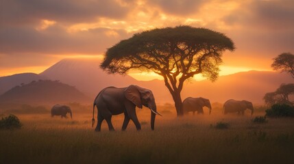 Obraz premium Graceful African elephant moving through savannah at sunset, other elephants visible behind