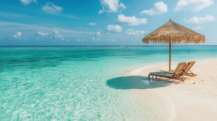 Fototapeta premium Tropical beach with a straw umbrella and serene waters.