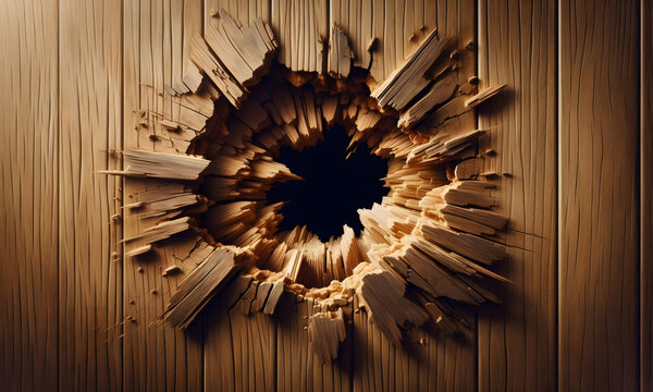 Nr&uuml;chiges Loch in einer zertr&uuml;mmerten Holzwand mit Splittern , copy space