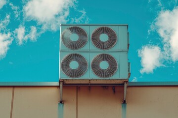 Air Conditioner Unit Mounted on a Building Against a Blue Sky with Clouds