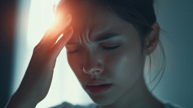 A close-up of a person experiencing severe migraine symptoms. T