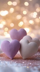 Obraz premium Romantic hearts made from fabric placed on glittering surface, surrounded by sparkling fairy lights and gentle heart-shaped bokeh, light pink and purple tones