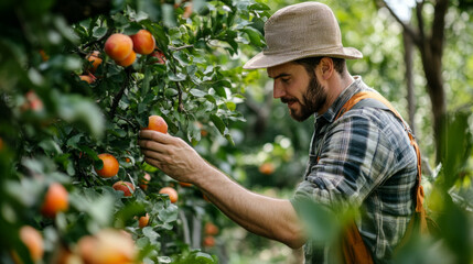 Farmer inspecting ripe fruit growth in a lush orchard during a sunny afternoon in a rural area