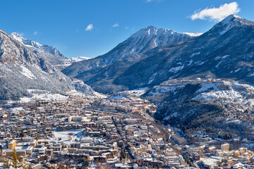 Aerial view of Briancon, highest city in France (1,326 meters) in Winter. Vauban fortification...