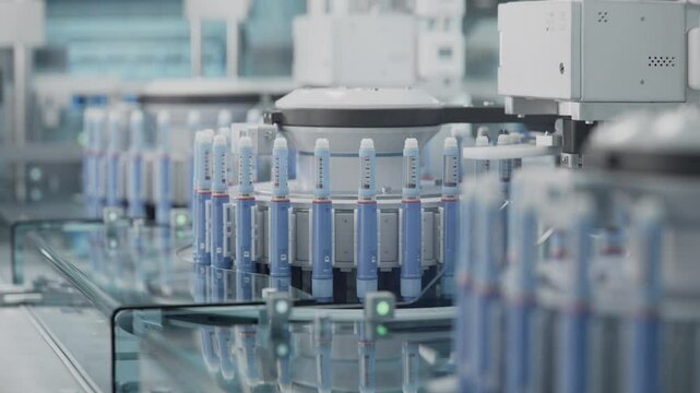 Insulin Injection Pens on Conveyor Line during Production Process at Modern Pharmaceutical Factory. Weight Loss Medication Manufacturing. Medicinal Drug Production Plant.