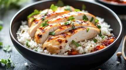 A satisfying meal of steamed rice with juicy chicken breast slices, garnished with herbs and served with a flavorful sauce.