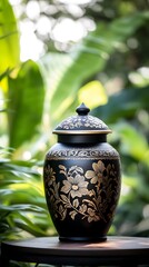 A tall, elegant black vase with intricate gold designs sits on top of an outdoor table in front of green plants and flowers, urn