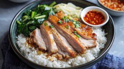 A serving of pork leg rice with tender braised pork, jasmine rice, pickled mustard greens, and a spicy dipping sauce on the side.