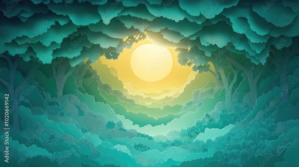 Poster morning sunlight filtering through trees with a layer of green mist below morning sunlight shining t