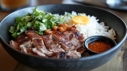 Fototapeta premium A serving of pork leg rice with tender, melt-in-your-mouth pork, jasmine rice, and a side of spicy dipping sauce.