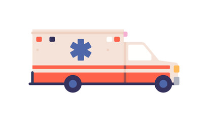Ambulance van with star of paramedic symbol, medical emergency car, side view of paramedic vehicle, ambulance van white and red, rescue truck of medical emergency service flat vector illustration. 