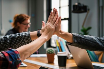 Businesswoman giving a high five to a colleague in meeting