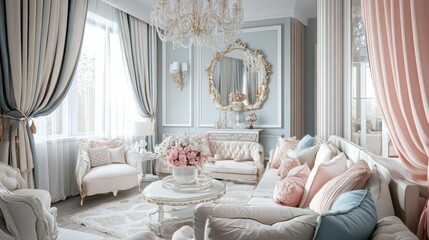 A sophisticated princess living room with pastel colors, regal furniture, and a chandelier that exudes elegance.
