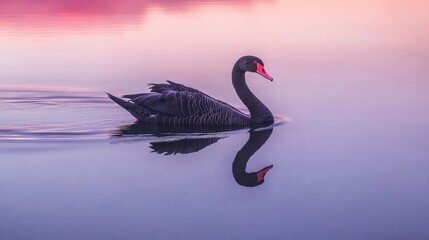 Fototapeta premium A stunning black swan swimming on a lake, its reflection shimmering in the clear water.