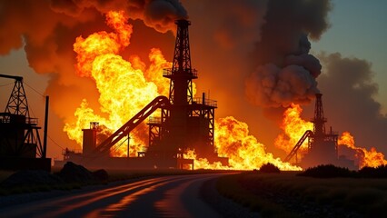 Dramatic scene of a raging industrial fire with intense flames and thick smoke engulfing structures. Captures the chaos and danger of industrial accidents, highlighting the power and destruction of fi