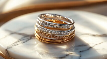 A stylish stack of silver and gold rings, displayed on a marble surface to highlight their shine.
