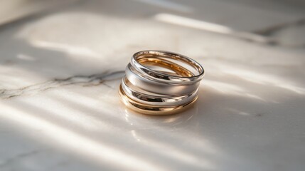 A stylish stack of silver and gold rings, displayed on a marble surface to highlight their shine.