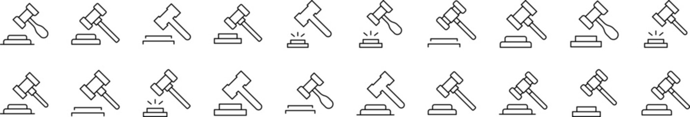 Judicial Gavel Outline Icon Collection. Editable Stroke. Perfect for Infographics, Articles, Books, Flyers, Banners