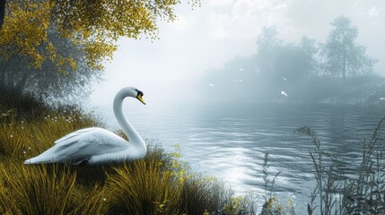 Fototapeta premium A swan perched elegantly on a grassy riverbank, looking out at the peaceful water.