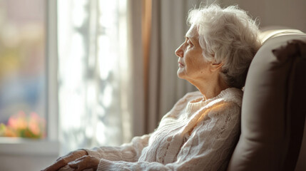 Elderly woman enjoying a serene moment while gazing out the window in warm, calming light during the afternoon