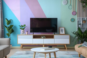 Pastel Colored Living Room with Oak TV Stand, White Cabinet, Abstract Wall Art and Soft Sofa