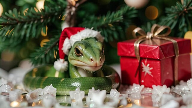 Green snake with Santa cap. Generative AI