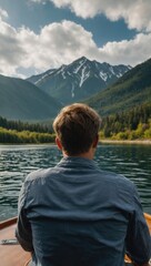 Fototapeta premium Man seated on boat gazing at mountain scenery during peaceful daylight