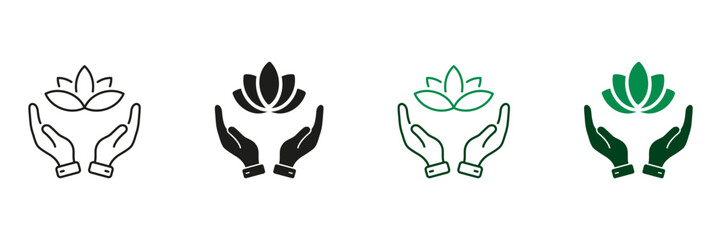 Human Hands Holding Flower Line and Silhouette Icon Set. Yoga and SPA Symbol. Lotus and Hands, Meditation Pictogram. Beauty Medical Clinic Sign. Editable Stroke. Isolated Vector Illustration