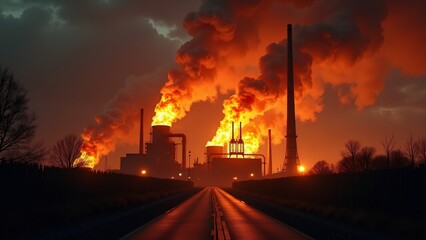 Fototapeta premium A powerful image of an industrial factory with tall smokestacks, releasing intense flames and smoke against a dramatic sunset sky. The scene reflects themes of pollution and environmental impact.