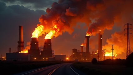 A powerful image of an industrial factory with tall smokestacks, releasing intense flames and smoke against a dramatic sunset sky. The scene reflects themes of pollution and environmental impact.