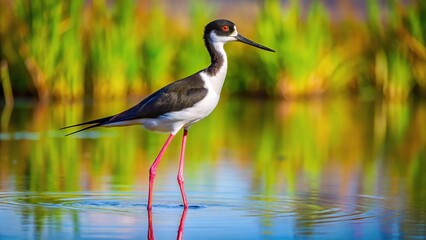 Obraz premium Forced perspective shot of a Black necked Stilt in Kealia Pond National Wildlife Refuge, Hawaii