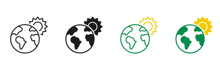 Globe and Sun Line and Silhouette Icon Set. Global Warming Concept. Environmental Eco Solar Energy Symbol. Editable Stroke. Isolated Vector Illustration