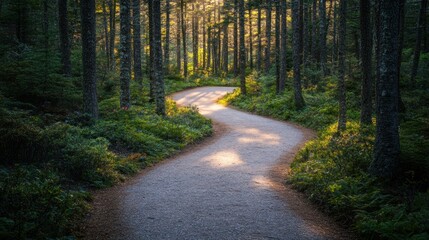 A winding path through a dense, sunlit forest