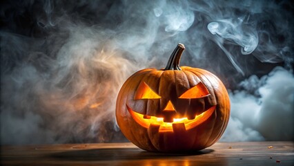 Jack-o'-Lantern Carved Pumpkins with Funny Faces Covered in Mist on Dark Background - Halloween Spooky Season